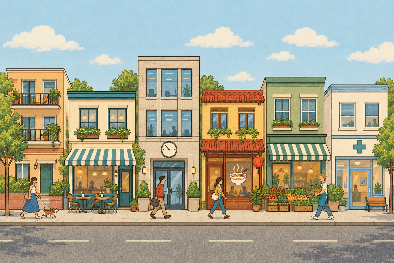 An illustrated street: apartment, café, office, noodle shop, grocery store and clinic